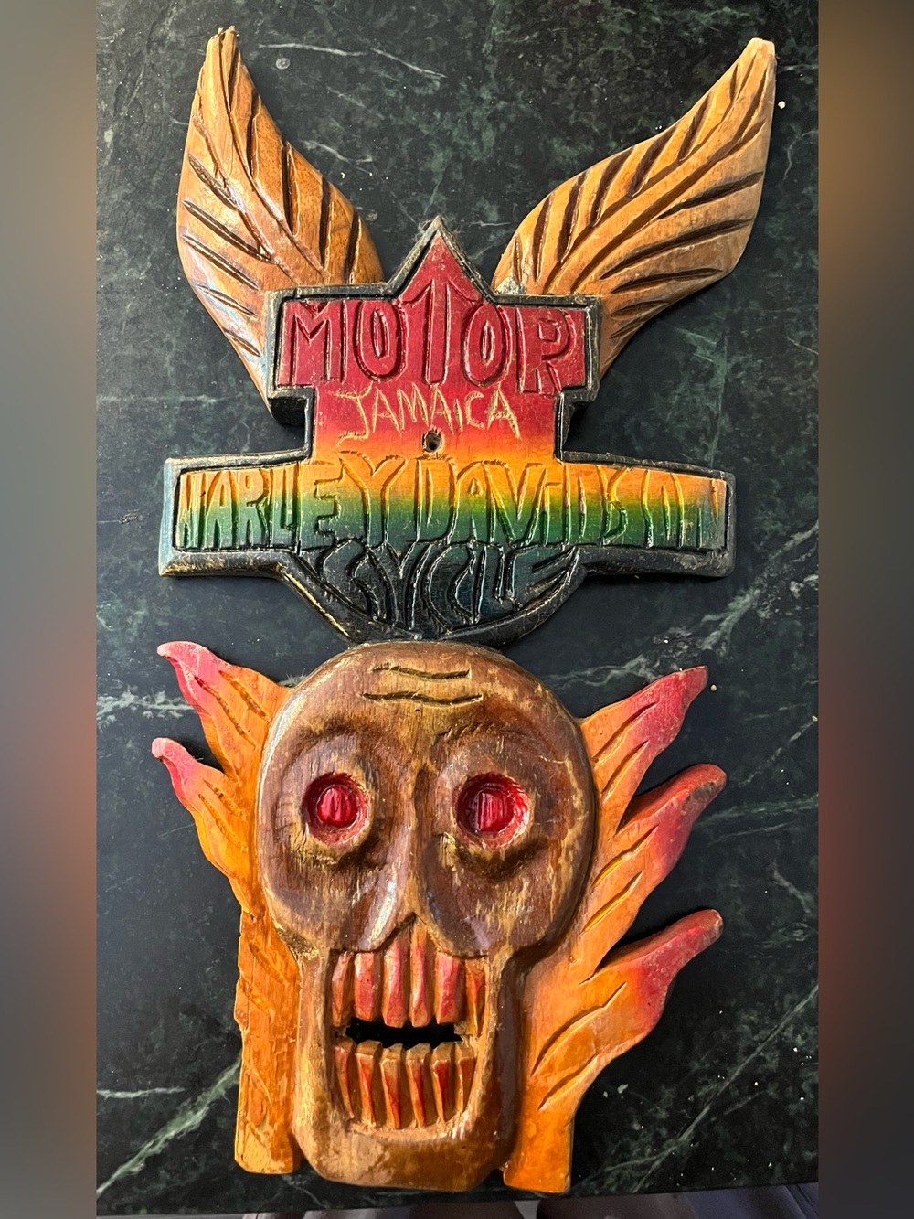 Vintage Jamaican Wood Carved Skull Mask Motorcycle Harley Davidson Folk Art 18”